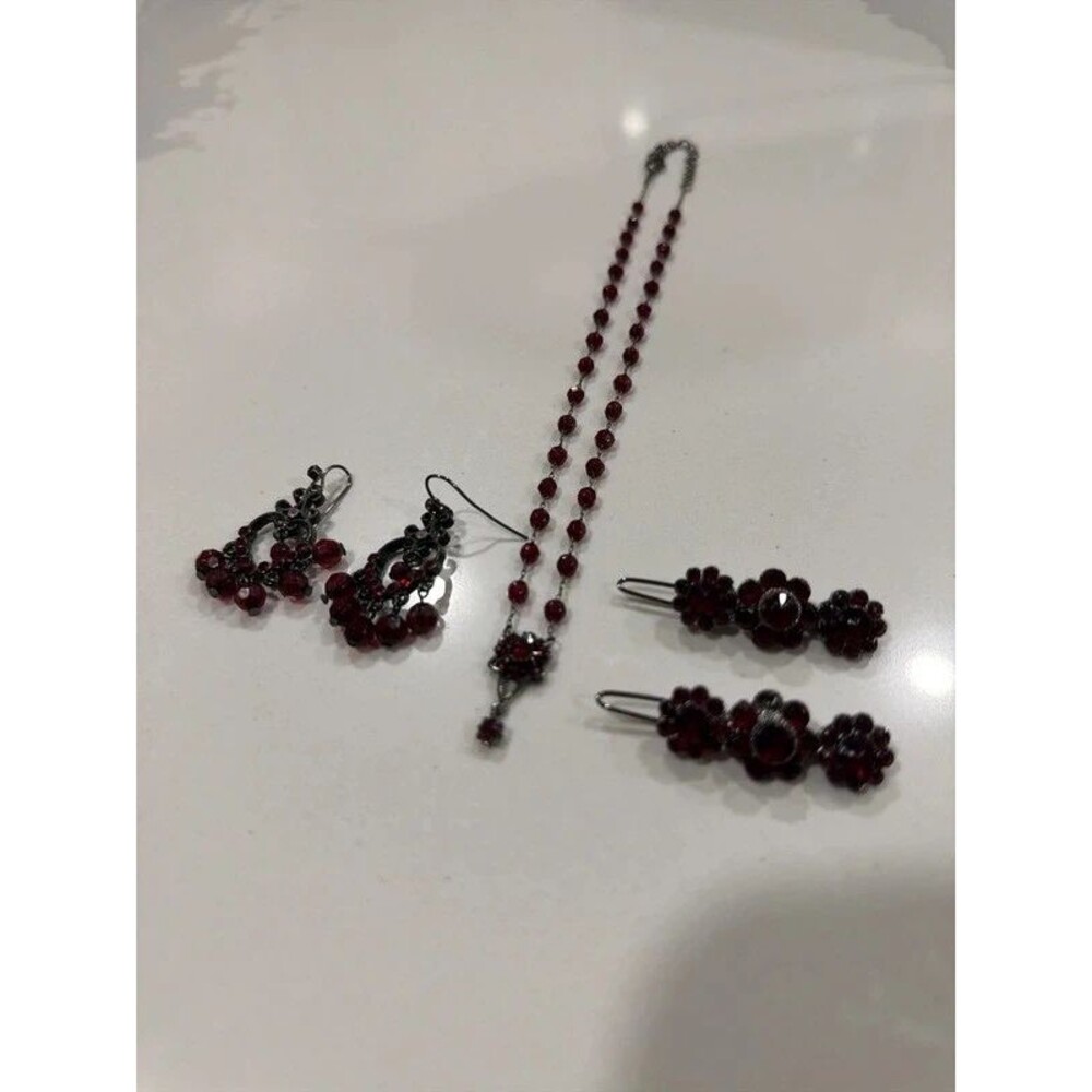 Vintage Ruby Red Rhinestone Earring, Necklace, Barrettes Read
